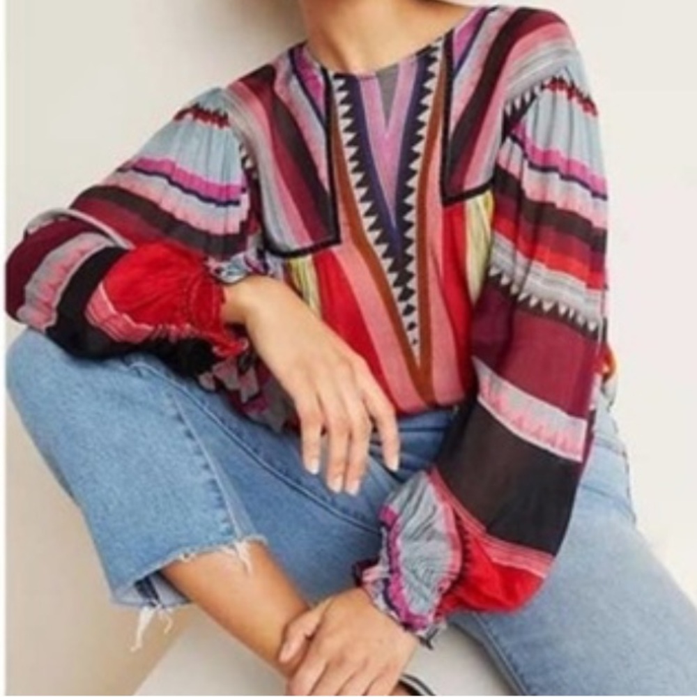 Bl^nk London Anthropologie MIRANDA PEASANT Grey Red Stripes Eclectic Size Small - Picture 2 of 9
